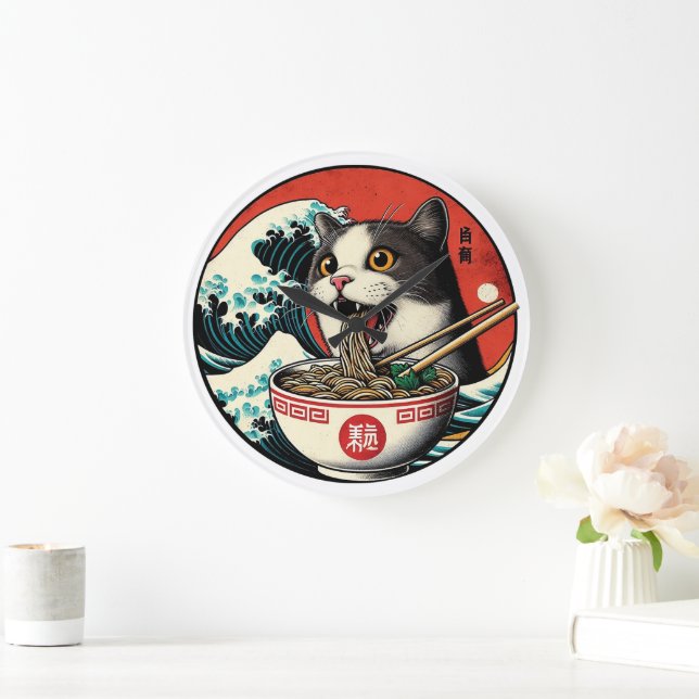 Cat Ramen Japanese Art Vintage Style Große Wanduhr (Zuhause)