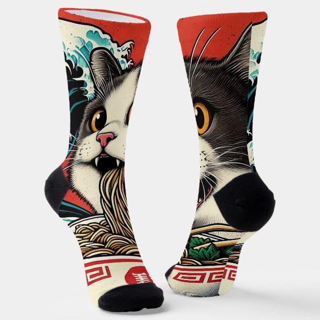 Cat Ramen Japanese Art Vintage Style Socken (Gewinkelt)