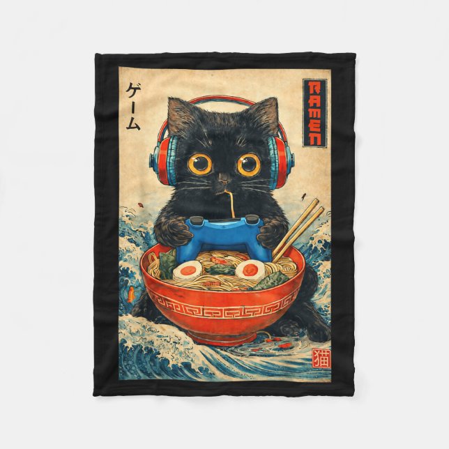 Cat Ramen Japanese Funny Graphic Tees Kawaii Cat A Fleecedecke (Vorderseite)