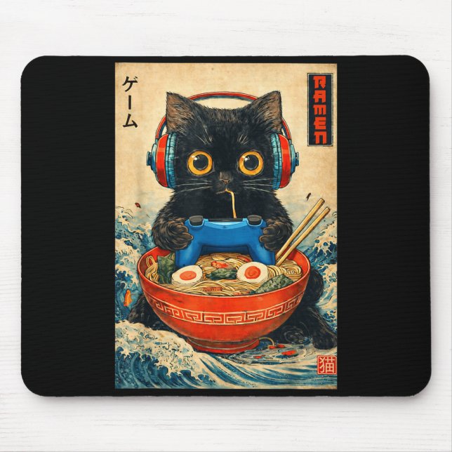 Cat Ramen Japanese Funny Graphic Tees Kawaii Cat A Mousepad (Vorne)