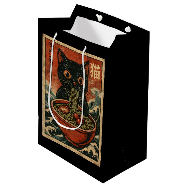 Cat Ramen Japanisch Funny Graphic Kawaii Cat Anime Mittlere Geschenktüte (Vorderseite Schrägansicht)