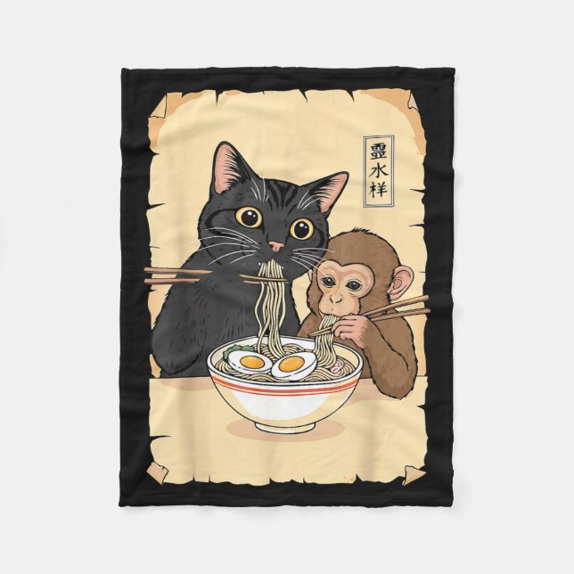Cat Ramen Monkey Shirt Funny Cat Monkey Eating Ram Fleecedecke (Vorderseite)
