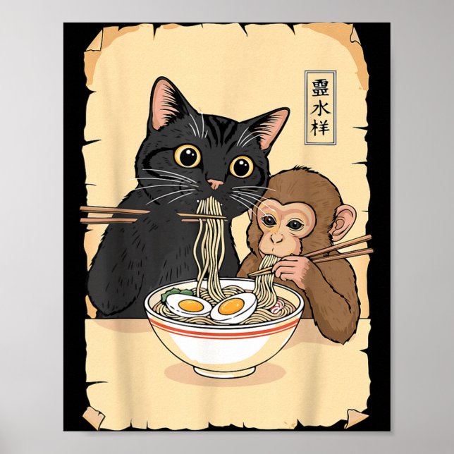 Cat Ramen Monkey Shirt Funny Cat Monkey Eating Ram Poster (Vorne)