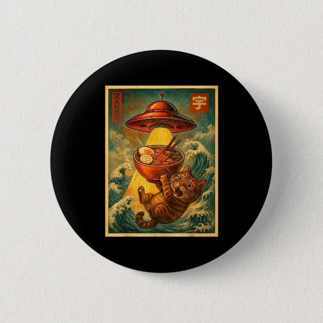 Cat Ramen Ufo Funny Men Women Teens Kids Japanese  Button (Vorderseite)