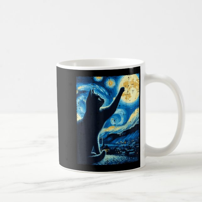 Cat Reaching Moon Starry Night Funny Kitten Men Wo Kaffeetasse (Rechts)