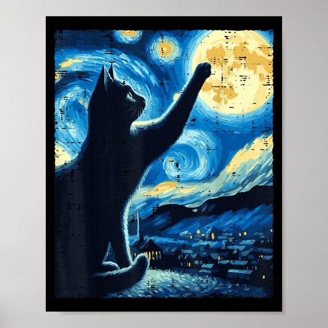 Cat Reaching Moon Starry Night Funny Kitten Men Wo Poster (Vorne)