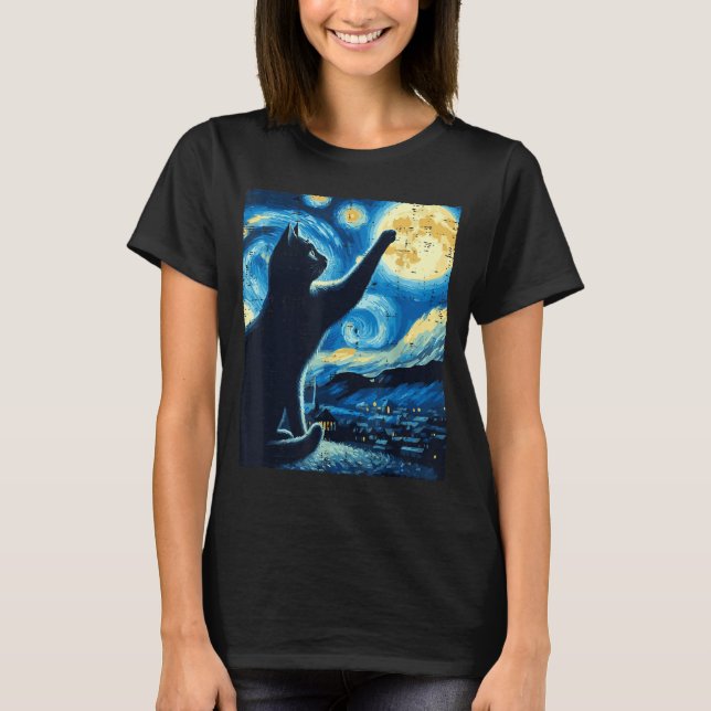 Cat Reaching Moon Starry Night Funny Kitten Men Wo T-Shirt (Vorderseite)