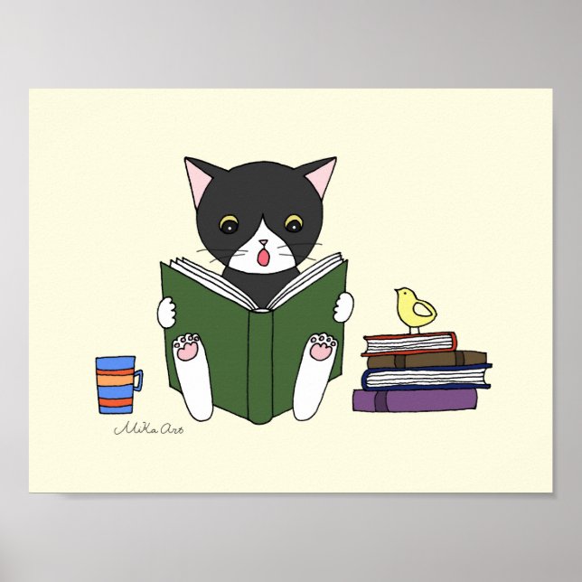 Cat Reading Book Poster Kids Literacy Nursery Art (Vorne)