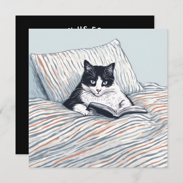 cat reading in bed einladung (Vorne/Hinten)