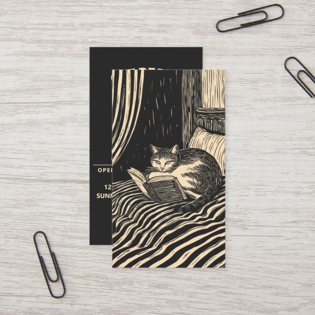 cat reading in bed visitenkarte (Vorderseite/Rückseite Beispiel)