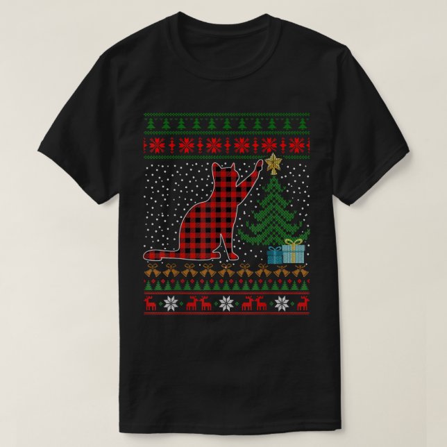 Cat Red Kariert Buffalo Funny Ugly Christmas Sweat T-Shirt (Design vorne)