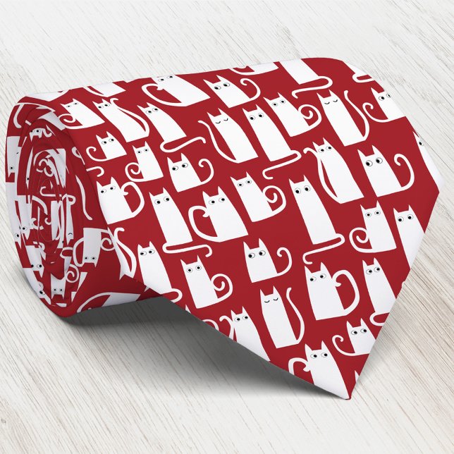 Cat Red White Krawatte (White cats on a red background fun animal pattern art neck tie)