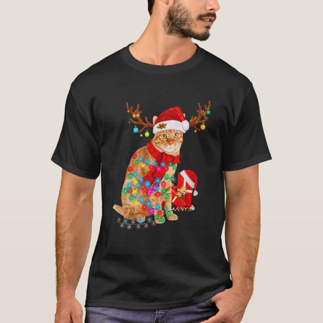 Cat Reindeer Santa Hat Christmas Light Animal Xmas T-Shirt (Vorderseite)