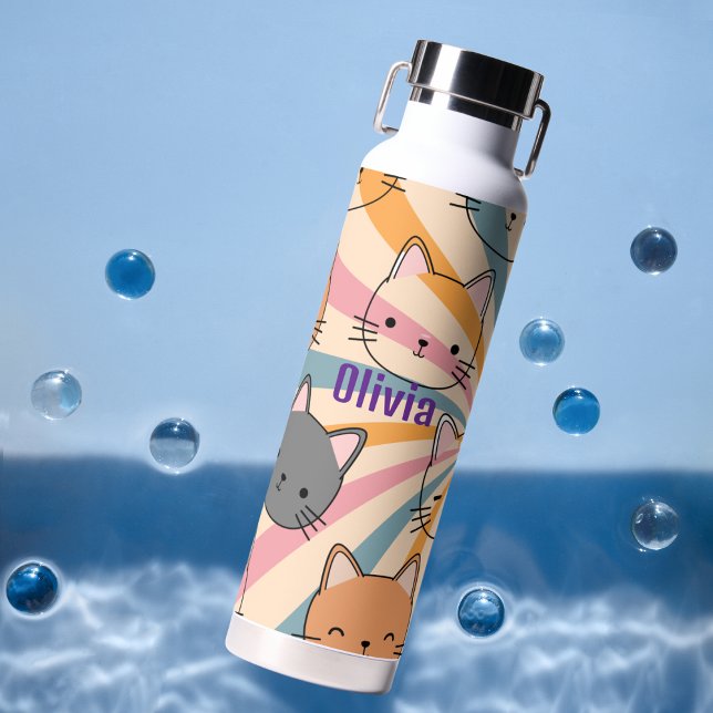 Cat Retro Minimalistisch Modern Personalisiert Trinkflasche (Von Creator hochgeladen)