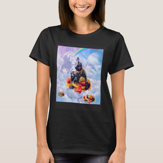 Cat Riding Bear On Clouds And Waffles T-Shirt (Vorderseite)
