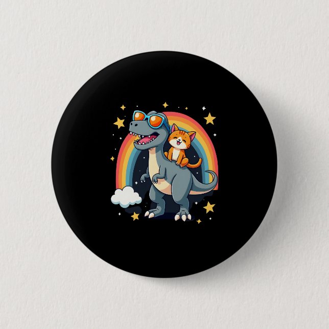 Cat Riding Dinosaur T-Rex Kitten Rainbow Dino Funn Button (Vorderseite)