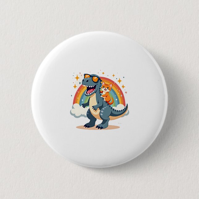 Cat Riding Dinosaur T-Rex Kitten Rainbow Dino Funn Button (Vorderseite)