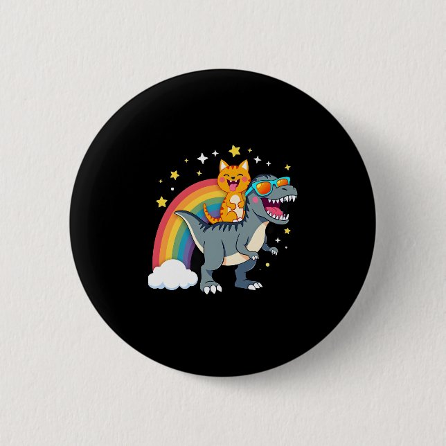 Cat Riding Dinosaur T-Rex Kitten Rainbow Dino Funn Button (Vorderseite)