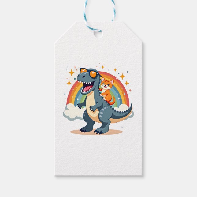 Cat Riding Dinosaur T-Rex Kitten Rainbow Dino Funn Geschenkanhänger (Vorderseite)