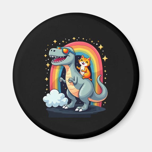Cat Riding Dinosaur T-Rex Kitten Rainbow Dino Funn Magnet (Vorne)