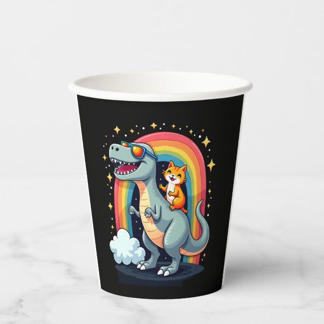 Cat Riding Dinosaur T-Rex Kitten Rainbow Dino Funn Pappbecher (Vorderseite)