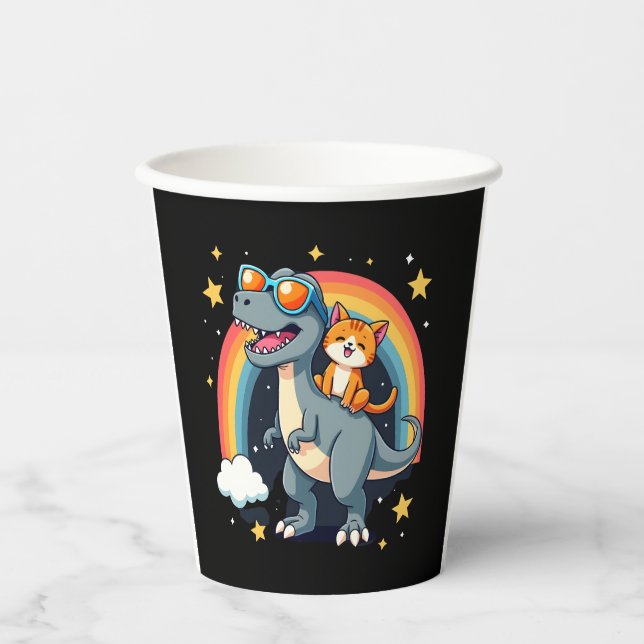 Cat Riding Dinosaur T-Rex Kitten Rainbow Dino Funn Pappbecher (Vorderseite)