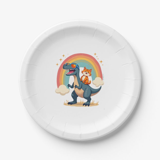 Cat Riding Dinosaur T-Rex Kitten Rainbow Dino Funn Pappteller (Vorderseite)