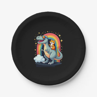 Cat Riding Dinosaur T-Rex Kitten Rainbow Dino Funn Pappteller