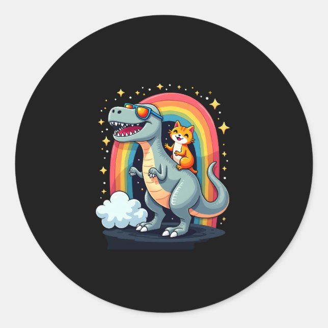 Cat Riding Dinosaur T-Rex Kitten Rainbow Dino Funn Runder Aufkleber (Vorderseite)