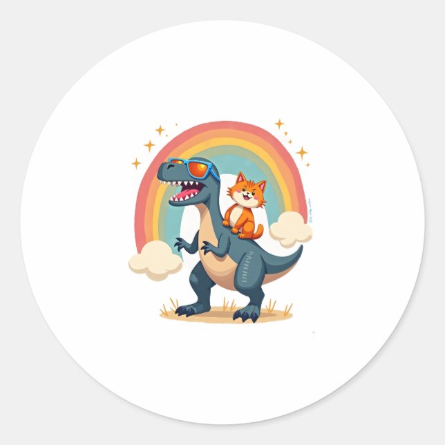 Cat Riding Dinosaur T-Rex Kitten Rainbow Dino Funn Runder Aufkleber (Vorderseite)