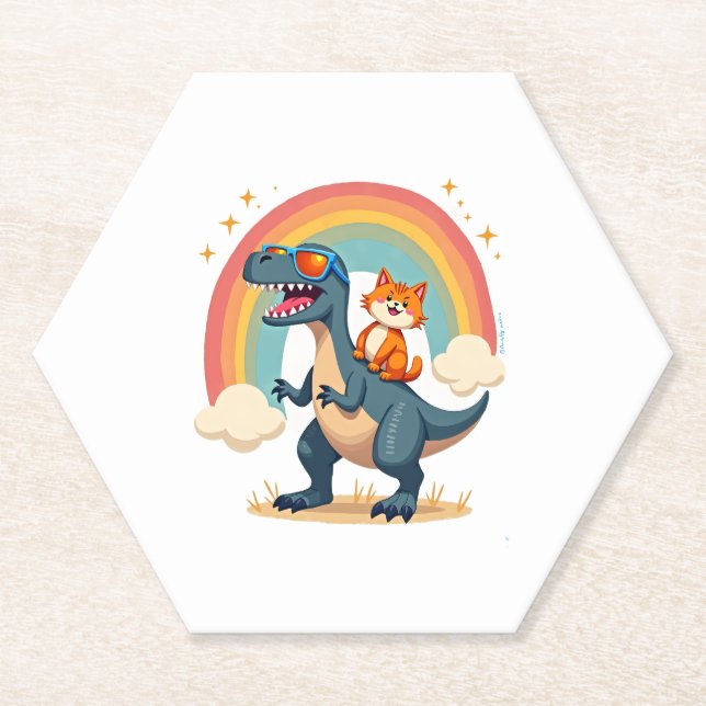 Cat Riding Dinosaur T-Rex Kitten Rainbow Dino Funn Untersetzer (Vorderseite)