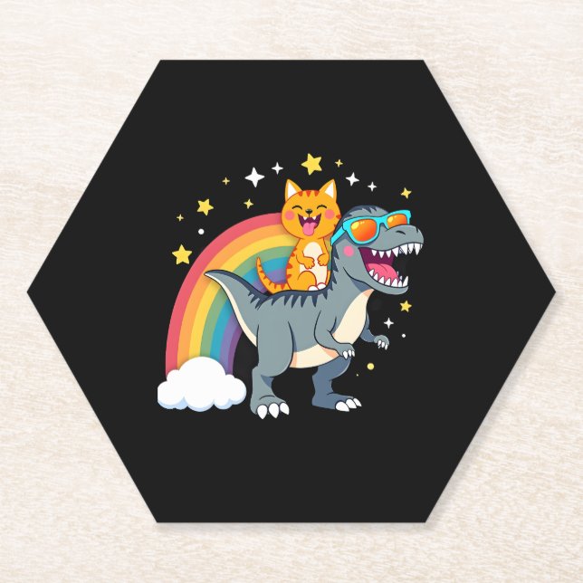 Cat Riding Dinosaur T-Rex Kitten Rainbow Dino Funn Untersetzer (Vorderseite)