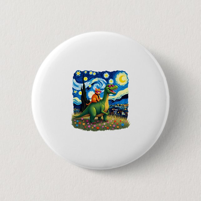 Cat Riding Dinosaur T-Rex Starry Night Cat Lover ( Button (Vorderseite)
