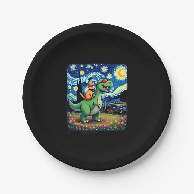 Cat Riding Dinosaur T-Rex Starry Night Cat Lover ( Pappteller (Vorderseite)