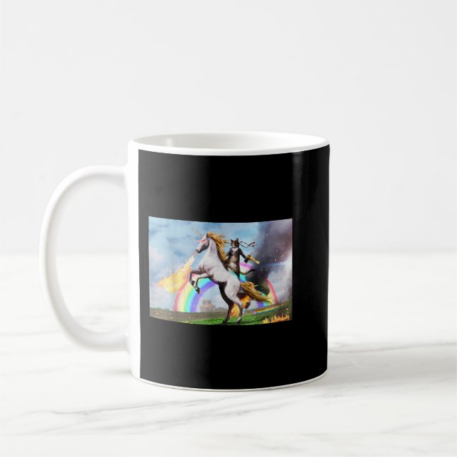 Cat Riding Fire Breathing Unicorn Meme Kaffeetasse (Links)