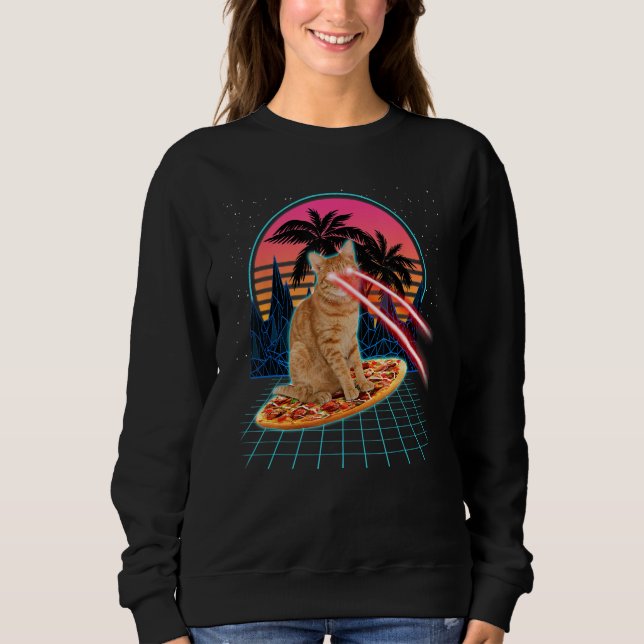 Cat Riding Pizza Laser Eyes 80s Cat In Space Cats Sweatshirt (Vorderseite)