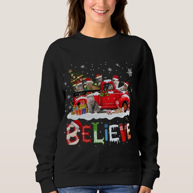 Cat Riding Red Truck Weihnachtsbaum glauben Santa Sweatshirt (Vorderseite)