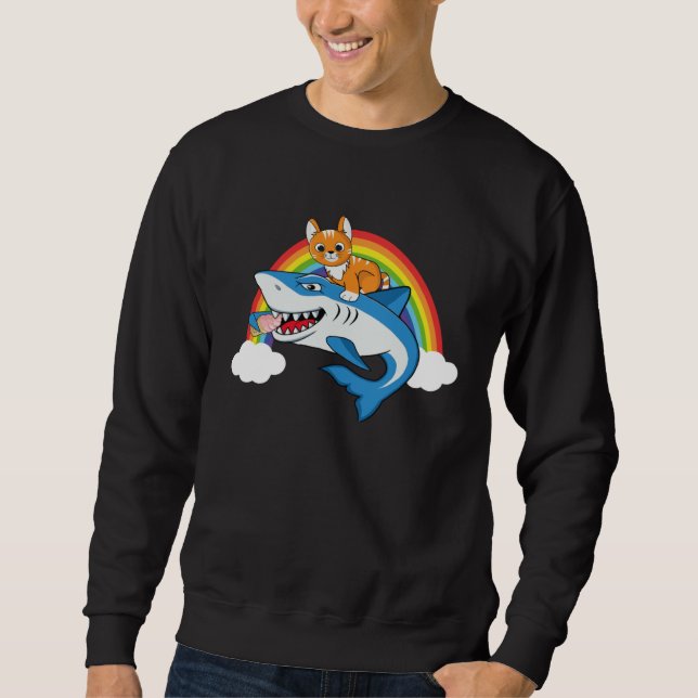 Cat Riding Shark Eating Ice Cream Rainbow For Cat Sweatshirt (Vorderseite)