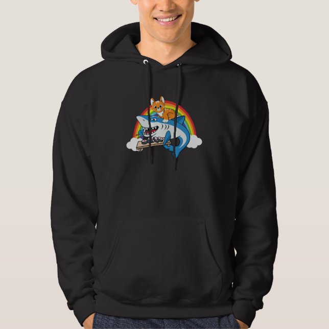 Cat Riding Shark Eating Sushi With Rainbow For Cat Hoodie (Vorderseite)
