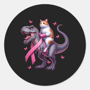 Cat Riding T Rex Dinosaurier. Brustkrebs-Bewusstse Runder Aufkleber