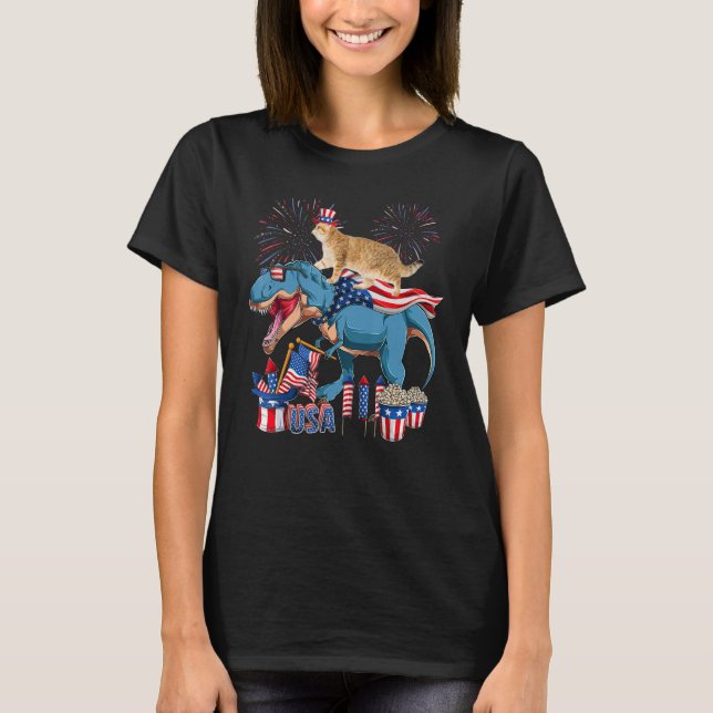 Cat Riding Trex  Cool 4th Of July US Flag Firework T-Shirt (Vorderseite)
