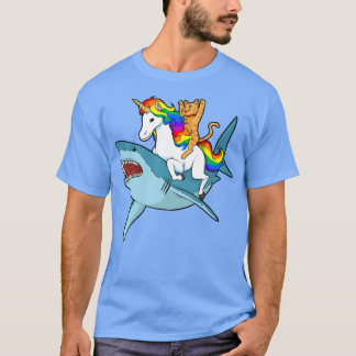 Cat Riding Unicorn Riding Shark Design T-Shirt