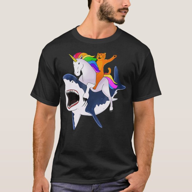Cat Riding Unicorn Riding Shark Geschenk  T-Shirt (Vorderseite)