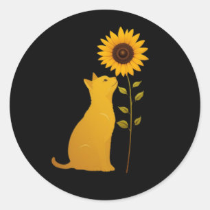 Cat Riechen Sonnenblumen Minimalistische Kunst Runder Aufkleber