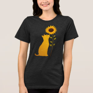 Cat Riechen Sonnenblumen Minimalistische Kunst Tri-Blend Shirt