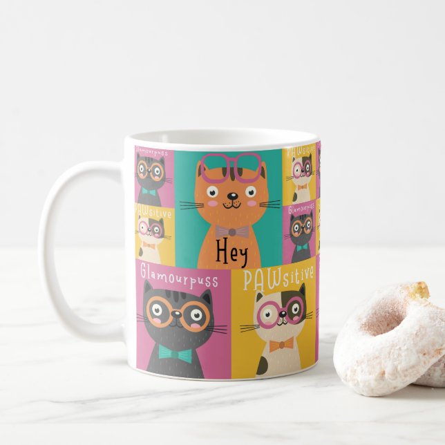 Cat sagt: Hey Funny Memes   Kaffeetasse (Mit Donut)