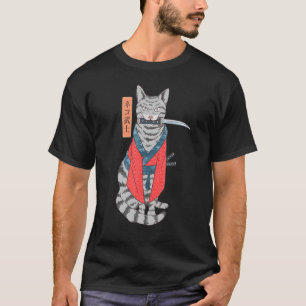 Cat Samurai Katana Schwert und japanisches Kanji T-Shirt