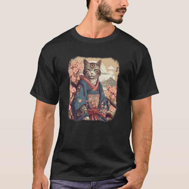 Cat samurai  ninja warrior flowers, moon, Japanese T-Shirt (Vorderseite)