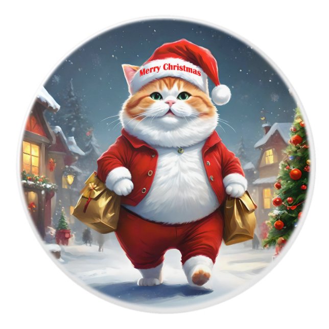 Cat Santa Claus Keramikknauf (Vorderseite)
