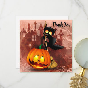 Cat Scared by Pumpkin Fun Halloween Charakter Dankeskarte